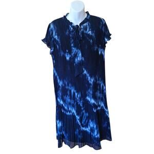 DKNY Pleated Chiffon Tie Dye Cap Sleeve Shift Dress Blue Size 12 Career Office